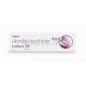 ルドーラクリーム, ルリコナゾール 1%, クリーム 50 g, 製造元：Cipla, 箱裏面