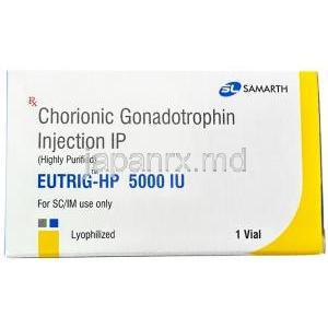 ユートリグHP注射, ヒト絨毛性ゴナドトロピン (hCG) 5000 IU, バイアル, 製造元：Samarth Life Sciences Pvt Ltd, 箱表面