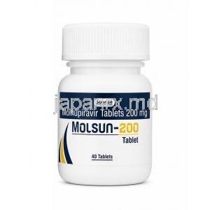 モルサン, モルヌピラビル 200 mg, 40 錠, 製造元：Sunrise Remedies, ボトル表面