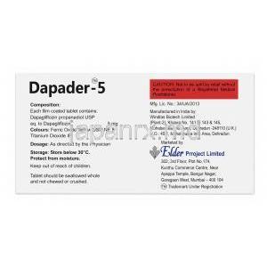 ダパダー 5, ダパグリフロジン 5mg, 14錠, 製造元：Elder Project Ltd, 箱情報, 成分, 保管方法