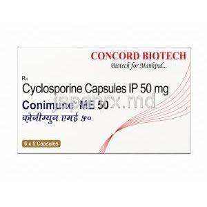 コニミューン ME 50mg,シクロスポリン 50mg, 製造元：Concord Biotech Ltd, 箱表面