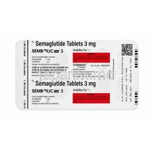 センボリック, セマグルチド  3 mg, 製造元：Torrent Pharmaceuticals Ltd, 錠剤シート裏面