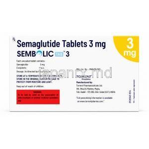 センボリック tab 3, セマグルチド 3mg, 製造元：Torrent Pharmaceuticals Ltd, 箱裏面