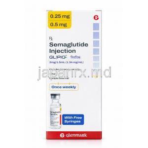 グリピック注射, セマグルチド  2 mg 1.5 mL (1.34mgmL), バイアル, 製造元：Glenmark Pharmaceuticals, 箱表面