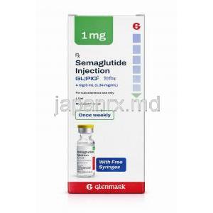 グリピック注射, セマグルチド 4 mg 3 mL (1.34mgmL), バイアル, 製造元：Glenmark Pharmaceuticals, 箱表面