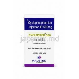 シクロステッド注射, シクロホスファミド 500 mg, 製造元：Halsted Pharma, 箱表面