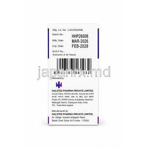 シクロステッド 500 注射, シクロホスファミド 500 mg, 製造元：Halsted Pharma, 箱裏面（ロット番号・製造年月・使用期限・製造元）