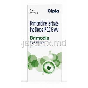 ブリモディン 点眼薬 , ブリモニジン 0.2%,点眼薬 5mL, 製造元：Cipla, 箱表面（新包装）