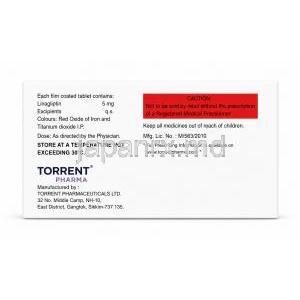 リナクサ, リナグリプチン 5 mg, 製造元：Torrent Pharmaceuticals, 箱情報, 注意事項, 保管方法