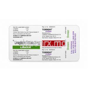 リナクサ, リナグリプチン 5 mg, 製造元：Torrent Pharmaceuticals, シート情報