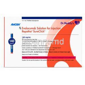 レパサ シュアクリック注射, エボロクマブ 140mg/mL,薬剤充填済みオートインジェクター, 製造元：Amgen, 箱情報, 注意事項, 保管方法