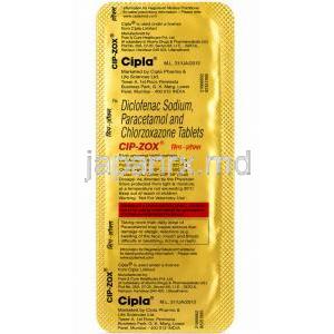 シプ-ゾックス, クロルゾキサゾン 500mg/ ジクロフェナク 50mg/ アセトアミノフェン 325mg, 6錠, 製造元：Cipla, シート情報