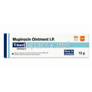 T-BACT軟膏、ムピロシン2％,軟膏15 g, 製造元：GSK, 箱表面