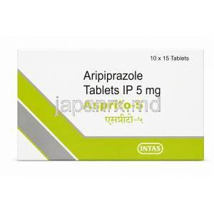 アスプリト-5, アリピプラゾール 5 mg, 15 錠, 製造元：Intas Pharma, 箱表面