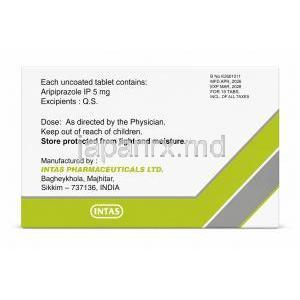 アスプリト-5, アリピプラゾール 5 mg, 15 錠, 製造元：Intas Pharma, 箱情報