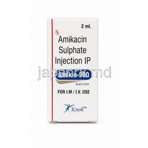 アミキン, アミカシン 500 mg, 注射液 2mL,製造元： Knoll Healthcare, 箱表面
