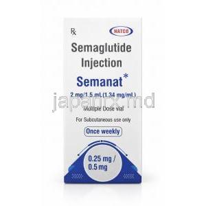 セマナット注射, セマグルチド 2 mg/ 1.5 mL (1.34 mg/mL)  複数回投与皮下注射用バイアルセット（週1回投与）バイアルセット(使い捨て注射器6本,アルコール消毒綿6枚付き）, 製造元：Natco Pharma, 箱表面