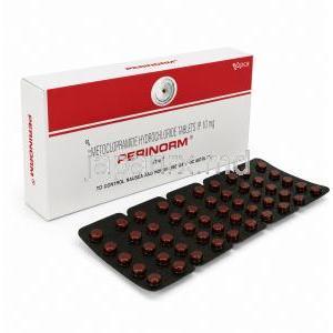 ペリノーム, メトクロプラミド 10 mg, 製造元: Ipca Laboratories, 箱正面とPTPシート
