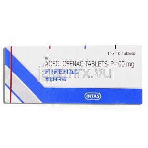 アセクロフェナク, Hifenac, 100mg 錠 (Intas) 箱