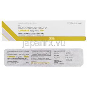 ロパリン Loparin, エノキサパリンナトリウム 40mg 0.4ml 注射 (Intas) 箱裏面