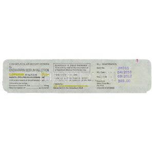 ロパリン Loparin, エノキサパリンナトリウム 40mg 0.4ml 注射 (Intas) 包装裏面