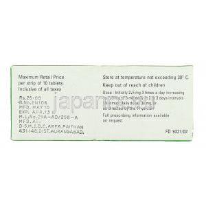 ケマドリン Kemadrin, プロシクリジン 2.5mg 錠 (GSK) 箱裏面