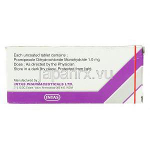 プラミロル Pramirol, ビ・シフロールジェネリック, プラミペキソール 1mg 錠 (Intas) 製造者情報