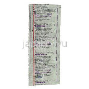 プラミロル Pramirol, ビ・シフロールジェネリック, プラミペキソール 1mg 錠 (Intas) 包装