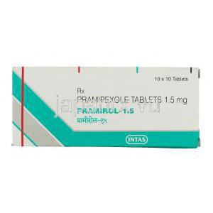 プラミロル Pramirol, ビ・シフロールジェネリック, プラミペキソール 1.5mg 錠 (Intas) 箱