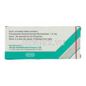 プラミロル Pramirol, ビ・シフロールジェネリック, プラミペキソール 1.5mg 錠 (Intas) 製造者情報