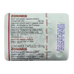 ゾニサミド（エクセグラン ジェネリック）, ゾニミド  Zonimid  100mg カプセル (Indas) 包装裏面