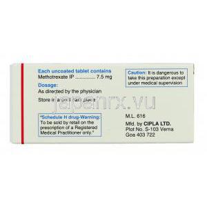イミュトレックス Imutrex, メトトレキサート 7.5mg 錠 (Cipla) 箱裏面