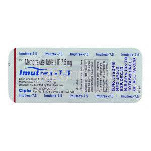 イミュトレックス Imutrex, メトトレキサート 7.5mg 錠 (Cipla) 包装裏面