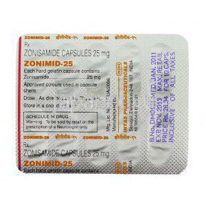 ゾニサミド（エクセグラン ジェネリック）, ゾニミド  Zonimid カプセル 25mg (Indas) 包装