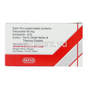 フェブキソスタット（ウロリック ジェネリック）,  ファビュラス Fabulas 40mg 錠 (Intas) 製造者情