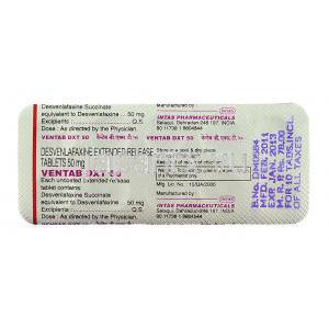 ベンタブDXT Ventab DXT, プリスティーク,  デスベンラファキシン 50mg 錠 (Sun Pharma) 包装裏面