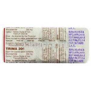 トリマ Trima , マネリックス ジェネリック, モクロベミド  300mg 錠 (Intas) 包装裏面