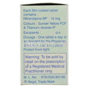 ニトレピン Nitrepin, バイロテンシン ジェネリック, ニトレンジピン 錠 (USV) 箱側面