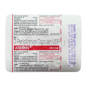 アトルミン Atrmin, メタルカプターゼ ジェネリック, ペニシラミン 250mg カプセル (Chandra Bhagot Pharma) 包装