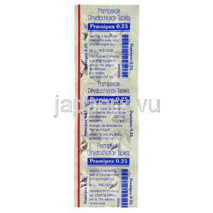 プラミペックス Pramipex, ビ・シフロールジェネリック, プラミペキソール 0.25mg 錠 (Sun Pharma) 包装