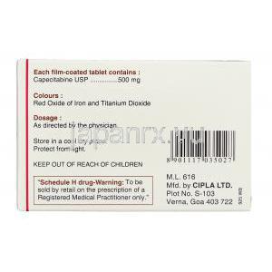 ケープガード Capegard, ゼローダ ジェネリック, カペシタビン  500mg 錠 (Cipla) 製造者情報