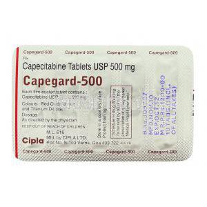 ケープガード Capegard, ゼローダ ジェネリック, カペシタビン  500mg 錠 (Cipla) 包装裏面