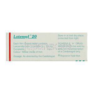 ロテンシル Lotensyl, レルカニジピン塩酸塩, 20mg 錠 (Sun Pharma) 箱裏面