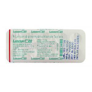 ロテンシル Lotensyl, レルカニジピン塩酸塩, 20mg 錠 (Sun Pharma) 包装裏面
