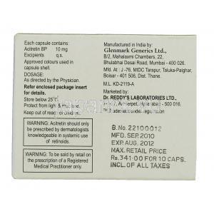 アセテック Acetec, ソリアタンジェネリック, アシトレチン 10mg 錠 (Dr.Reddy's) 箱裏面