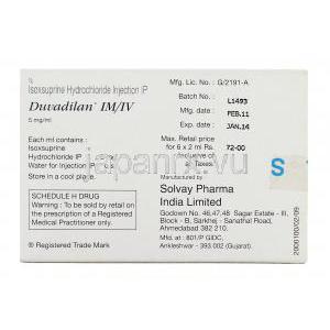 デュバディラン Duvadilan , ズファジラン ジェネリック,  イソクスプリン 5mg/ml (2ml x5本) 注射 (Solvay Pharma) 箱