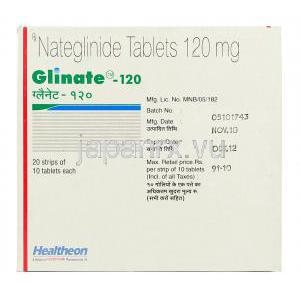 グリネート Glinate, スターシスジェネリック, ナテグリニド 120mg 錠 (Glenmark) 箱