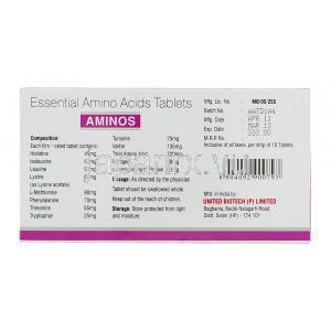 アミノス Aminos, アミノ酸各種 錠 (United Biotech) 箱裏面