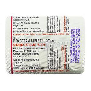 セレセタム Cerecetam, ミオカーム ジェネリック, ピラセタム 1,200mg 錠 (Intas) 包装裏面