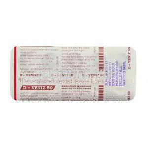 D-Veniz, プリスティーク ジェネリック,  デスベンラファキシン 50mg 錠 (Sun Pharma) 包装裏面